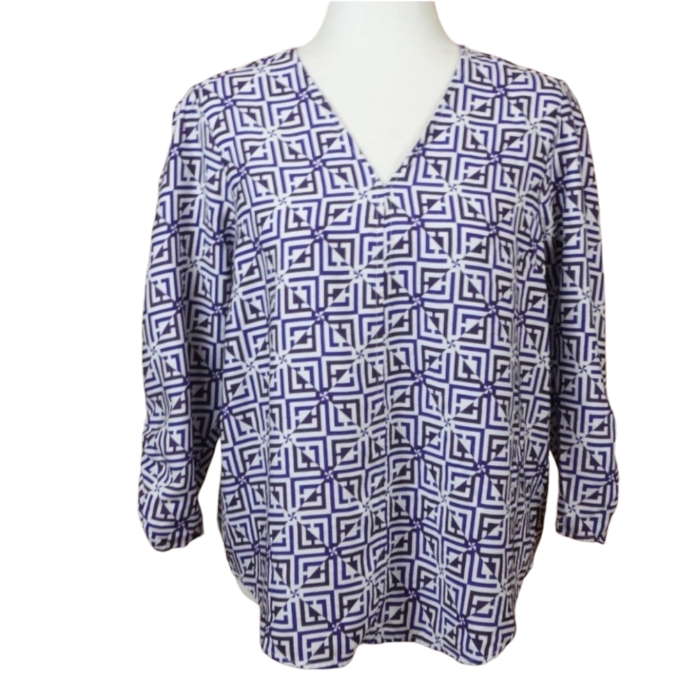 Liz Claiborne Purple and‎ White Ruched 3/4 Length Sleeves Top Size Medium